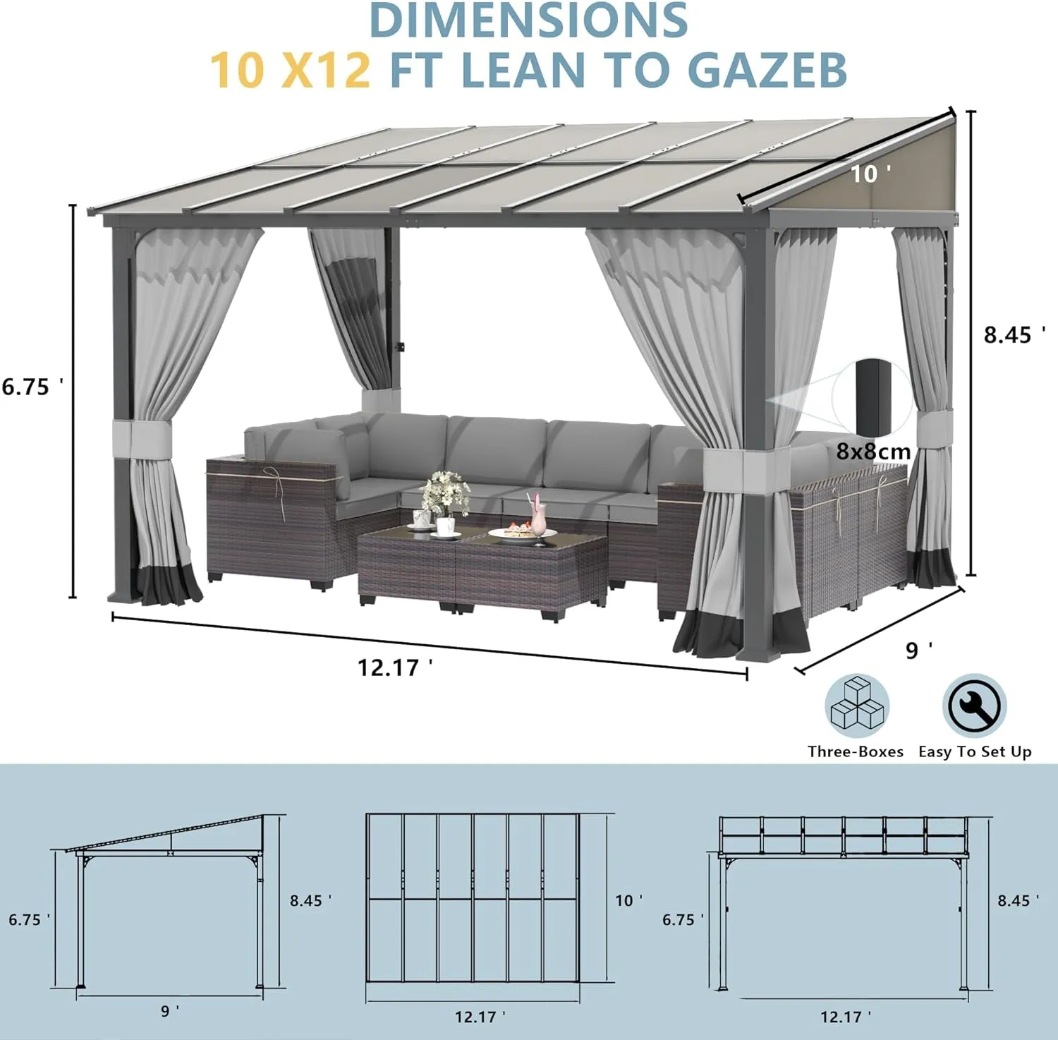 10’ X 12’ Gazebo, Wall Mount Gazebo Outdoor Pergola, Hardtop Lean to Gazebo Canopy Awnings with Sloped Roof and Sturdy Steel Frame, for Patio, Porch, Deck, Backyard(Grey)