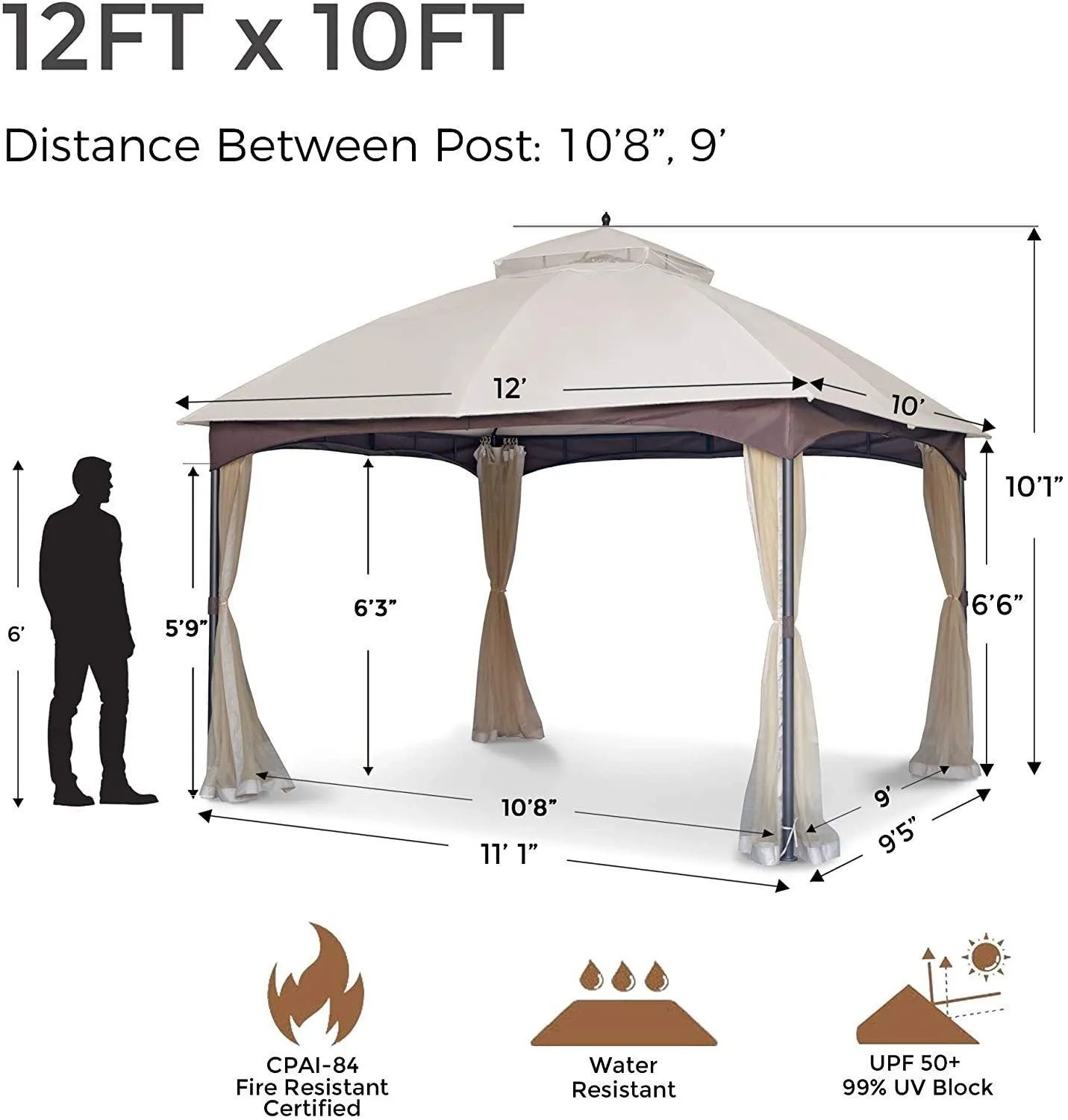 10*12 FT Softtop Metal Gazebo with Mosquito,Sturdy Heavy Duty Double Roof Canopy,Galvanized Steel