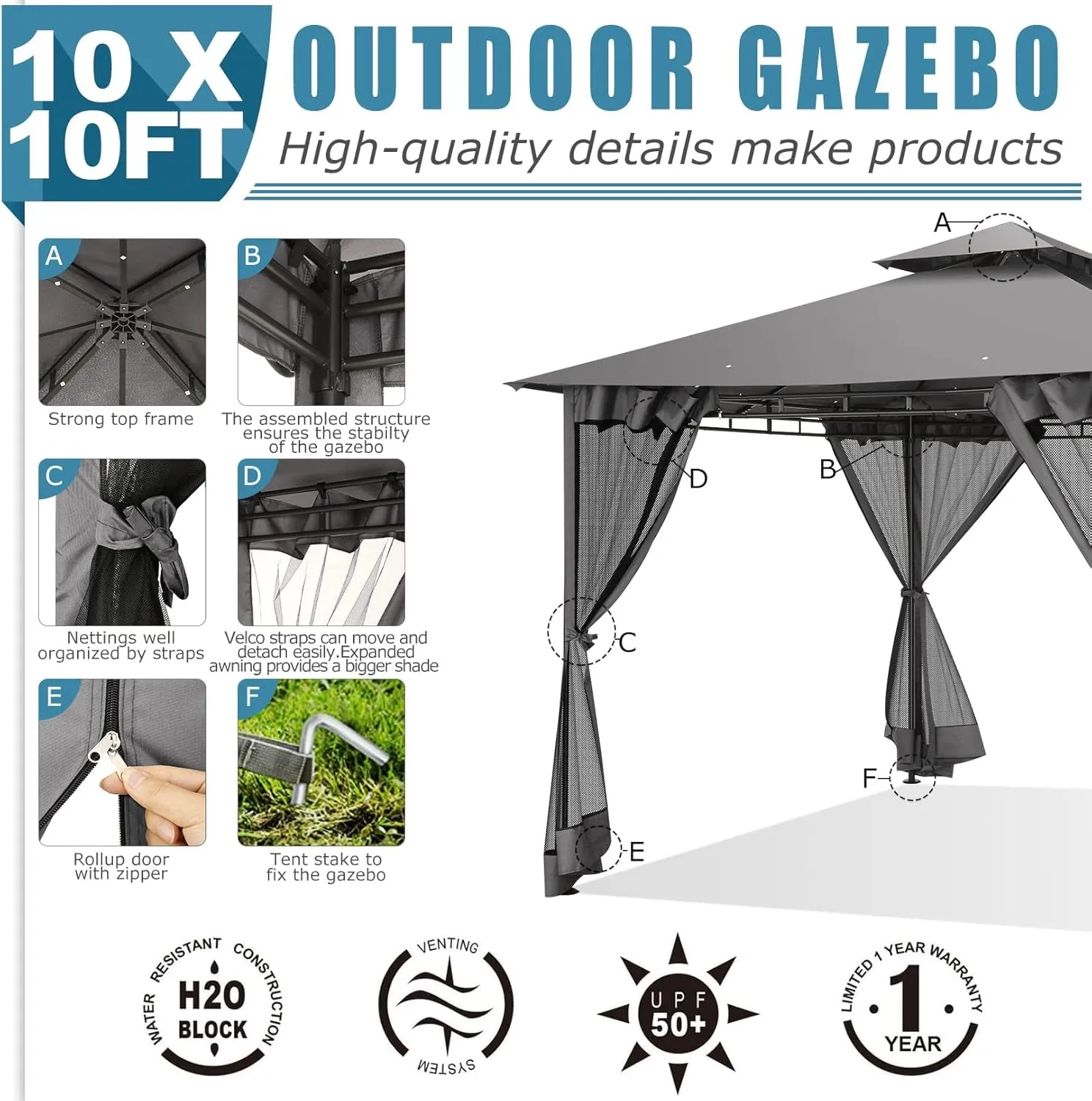 10X10 Gazebo on Clearance, Outdoor Gazebo Tent with Mosquito Netting and Ventilated Double Flat Roof, Patio Gazebo with Stable Metal Frame, Easy-Up Canopy for Backyard, Gray (Upgraded 2.0)