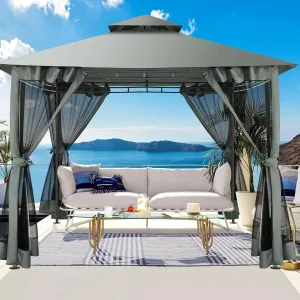 10X10 Gazebo on Clearance, Outdoor Gazebo Tent with Mosquito Netting and Ventilated Double Flat Roof, Patio Gazebo with Stable Metal Frame, Easy-Up Canopy for Backyard, Gray (Upgraded 2.0)