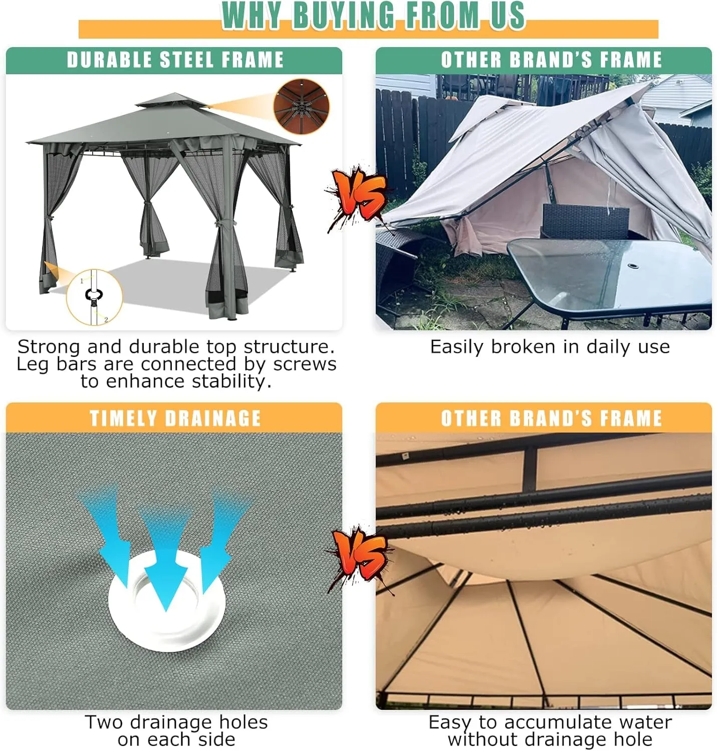 10X10 Gazebo on Clearance, Outdoor Gazebo Tent with Mosquito Netting and Ventilated Double Flat Roof, Patio Gazebo with Stable Metal Frame, Easy-Up Canopy for Backyard, Gray (Upgraded 2.0)