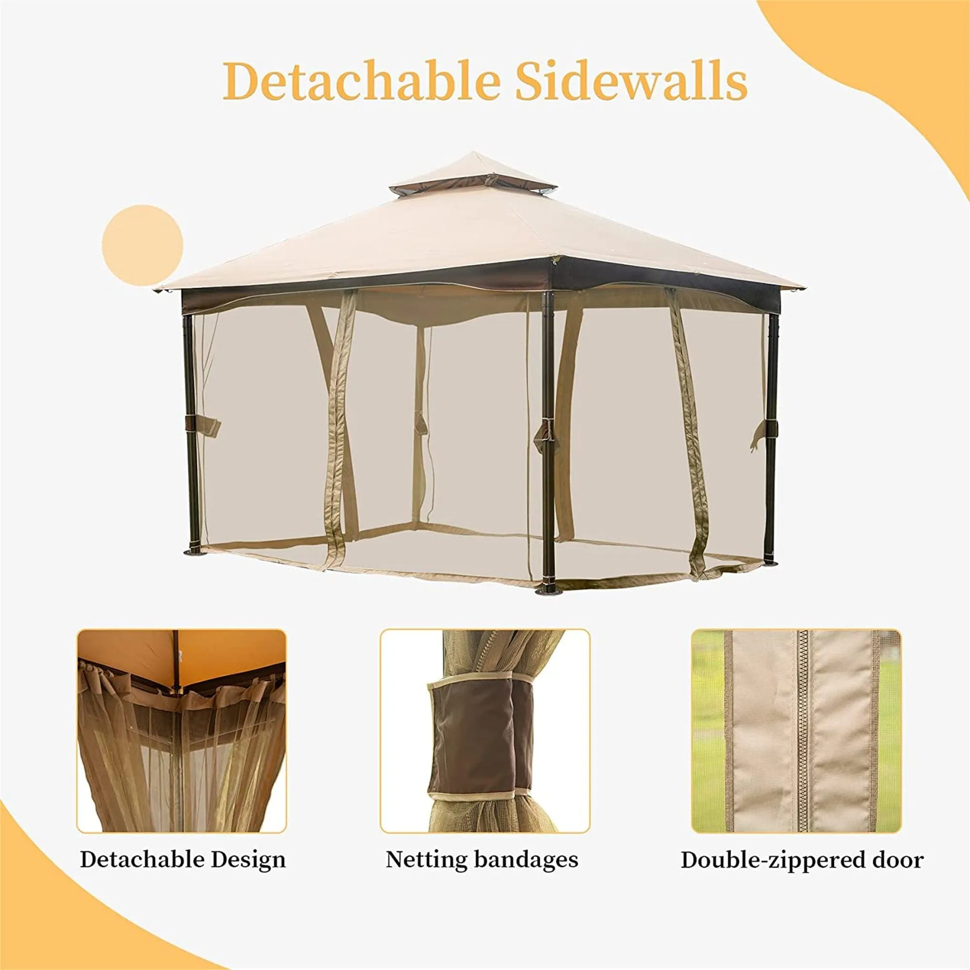 10'x13' Gazebo, Outdoor Gazebo with Mosquito Netting, Metal Frame Double Roof, Khaki