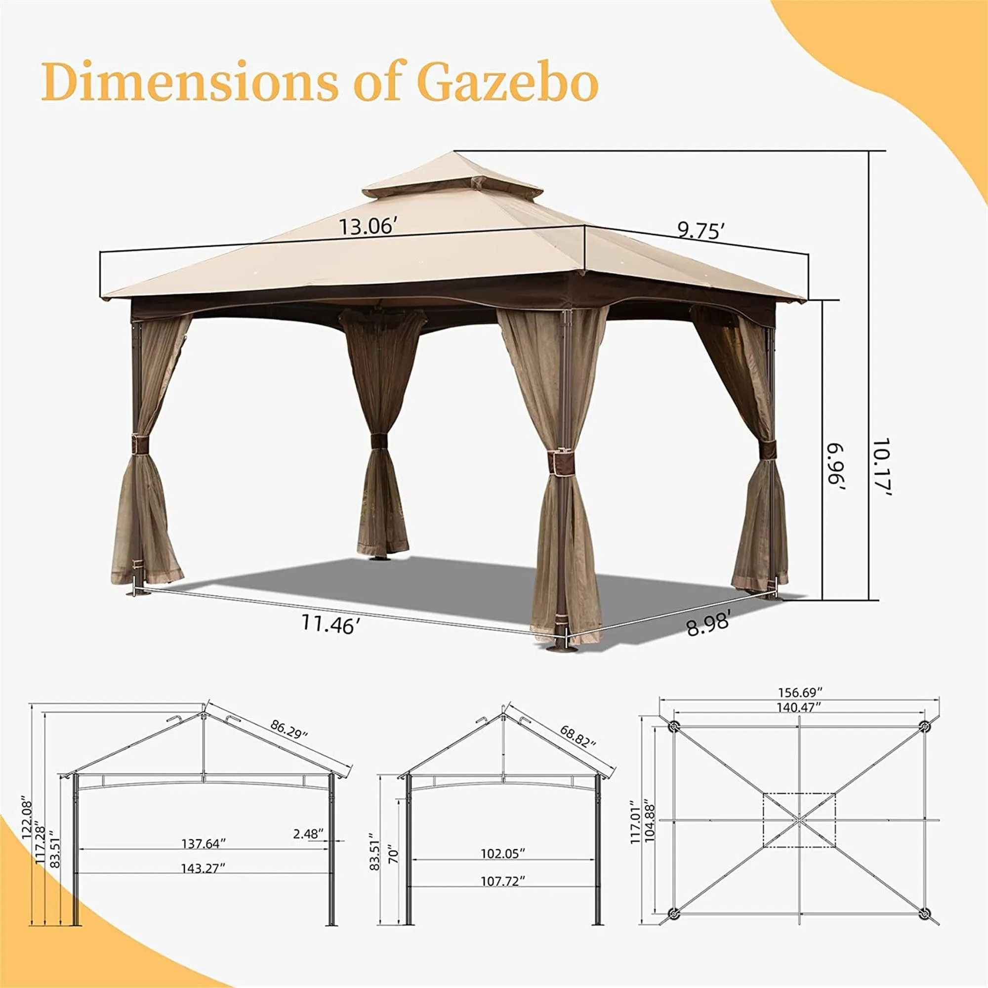 10'x13' Gazebo, Outdoor Gazebo with Mosquito Netting, Metal Frame Double Roof, Khaki