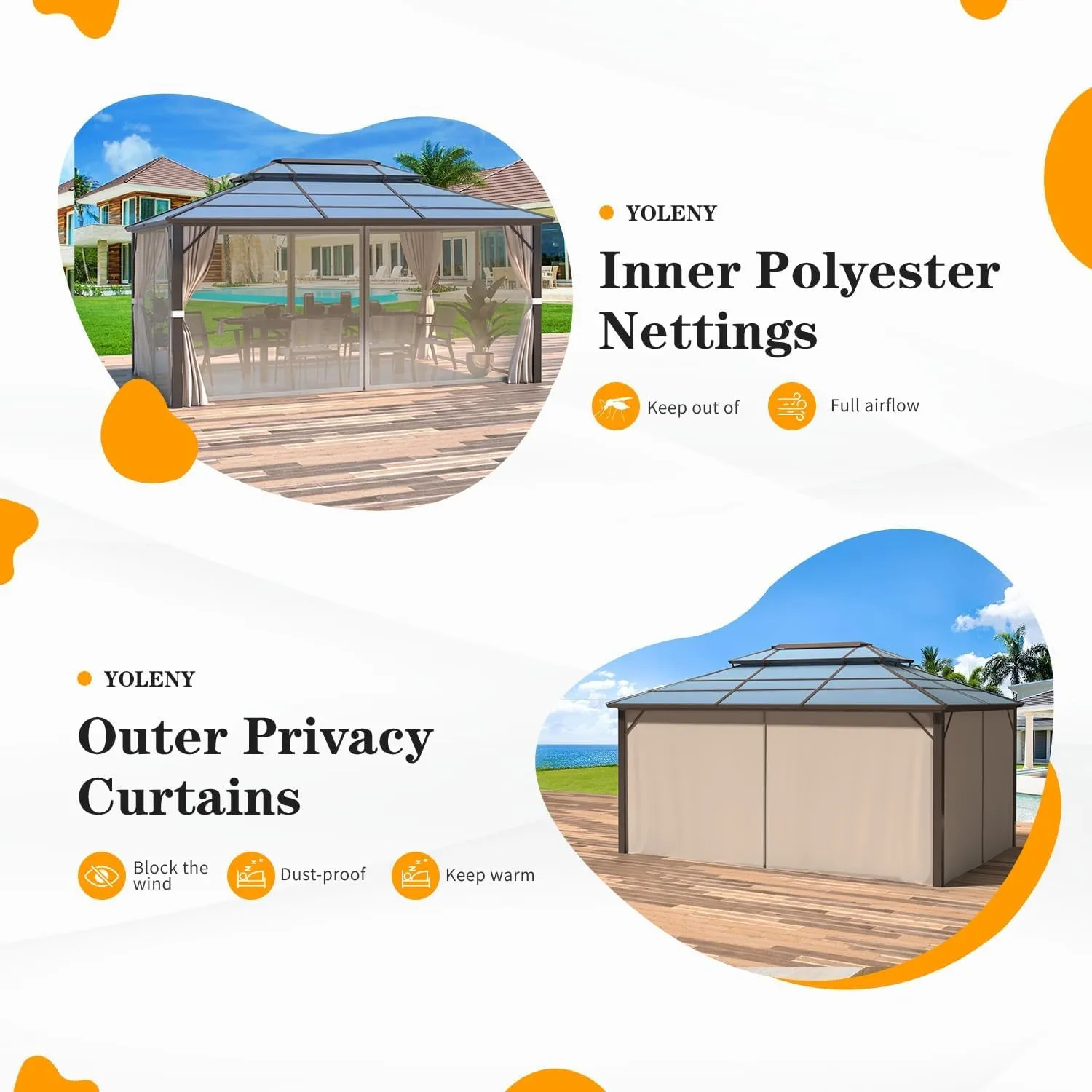 10'X13' Hardtop Gazebo, Outdoor Polycarbonate Double Roof Canopy, Aluminum Frame Permanent Pavilion with Curtains and Netting, Sunshade for Garden, Lawns, Patio