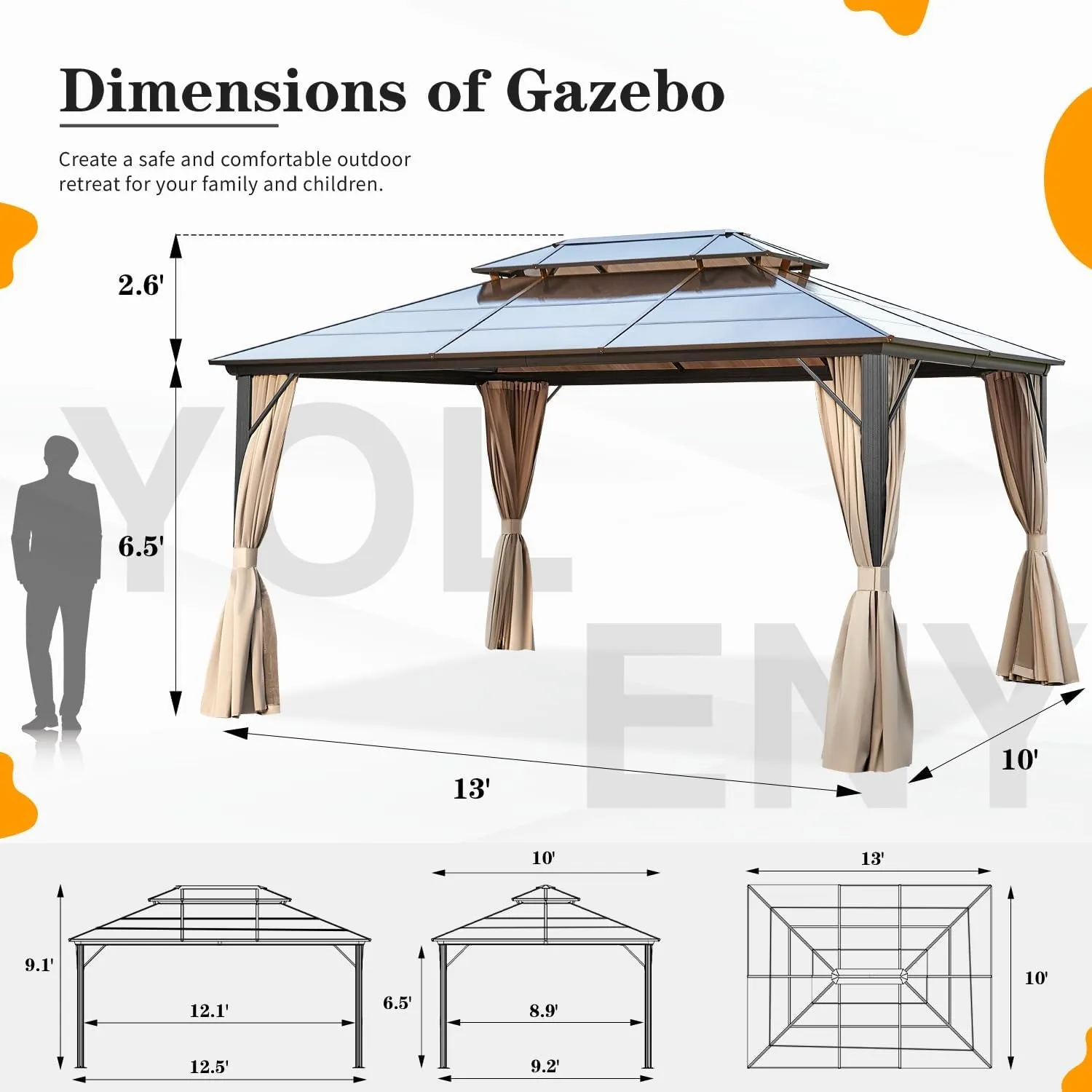 10'X13' Hardtop Gazebo, Outdoor Polycarbonate Double Roof Canopy, Aluminum Frame Permanent Pavilion with Curtains and Netting, Sunshade for Garden, Lawns, Patio