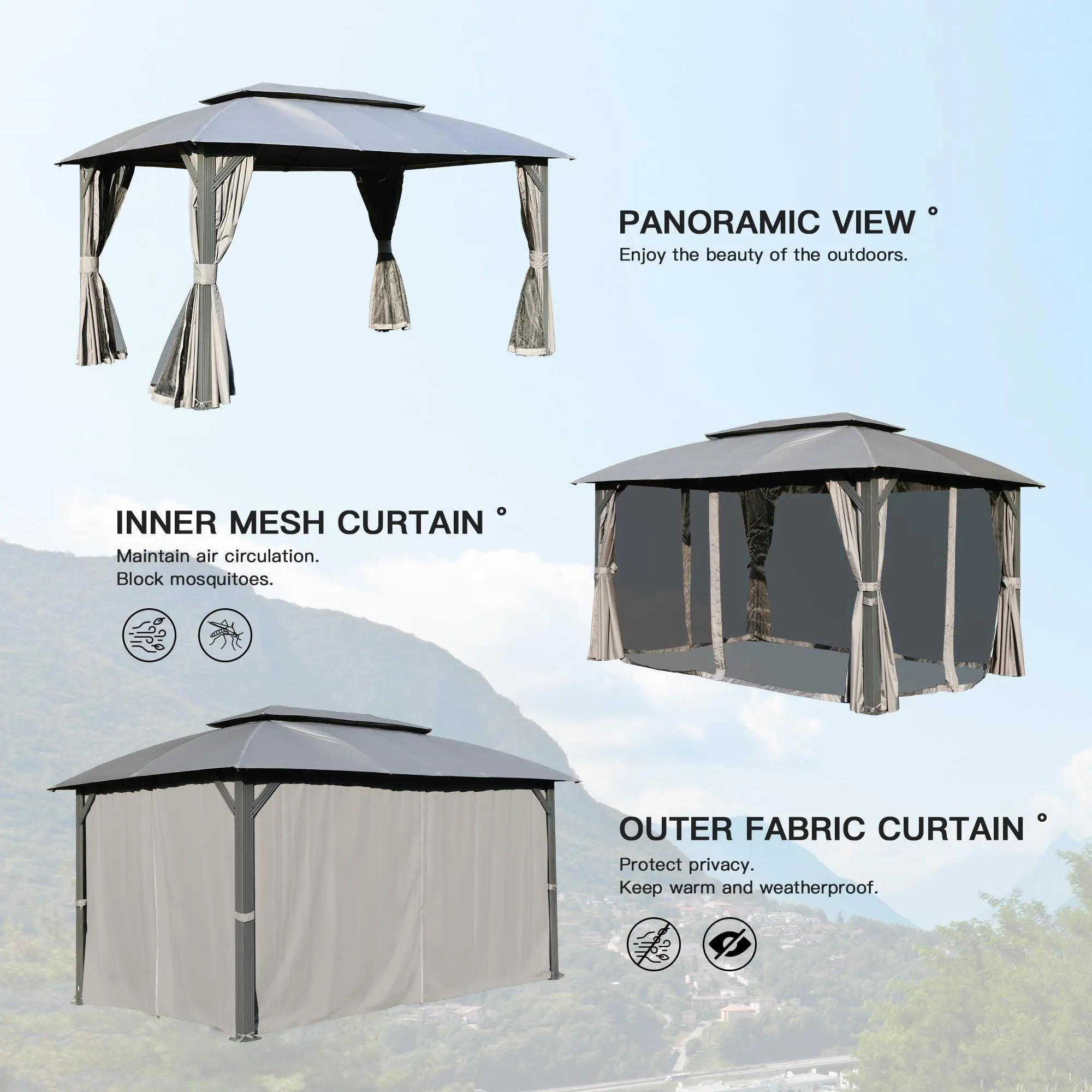 10x14FT, Outdoor Gazebo with Double Roofs, Mosquito Nettings, Heavy Duty Metal Frame,Grey