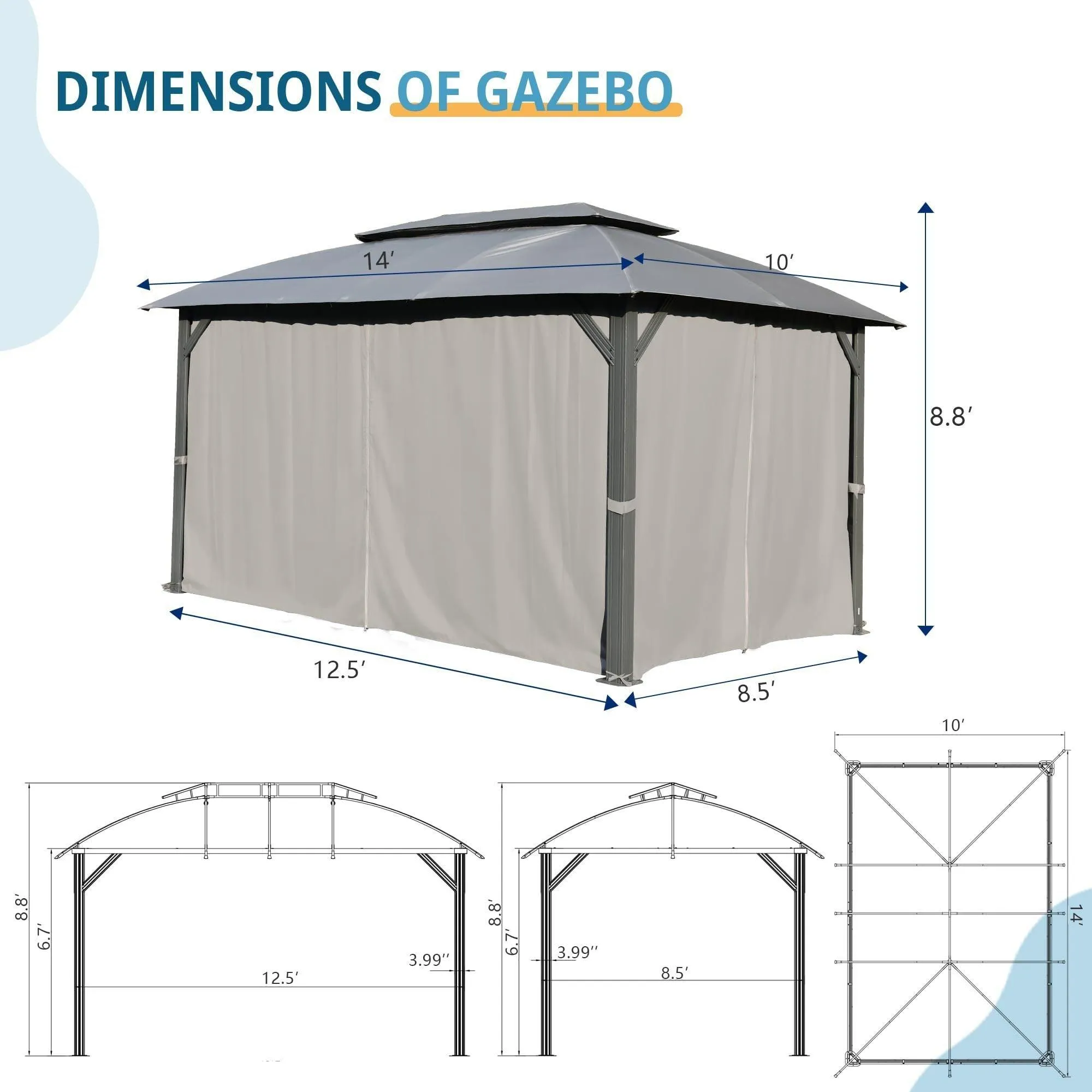 10x14FT, Outdoor Gazebo with Double Roofs, Mosquito Nettings, Heavy Duty Metal Frame,Grey