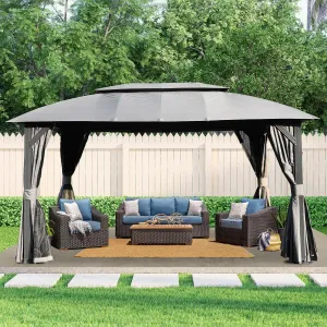 10x14FT, Outdoor Gazebo with Double Roofs, Mosquito Nettings, Heavy Duty Metal Frame,Grey