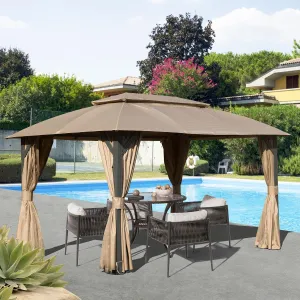 10x14FT, Outdoor Gazebo with Double Roofs, Privacy Curtains, Mosquito Nettings, Heavy Duty Metal Frame, Brown