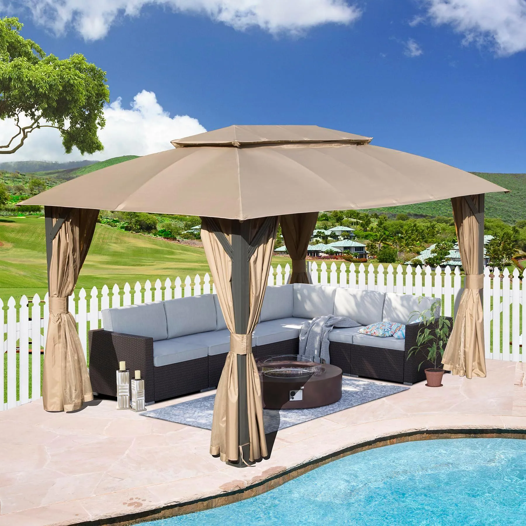 10x14FT, Outdoor Gazebo with Double Roofs, Privacy Curtains, Mosquito Nettings, Heavy Duty Metal Frame, Brown