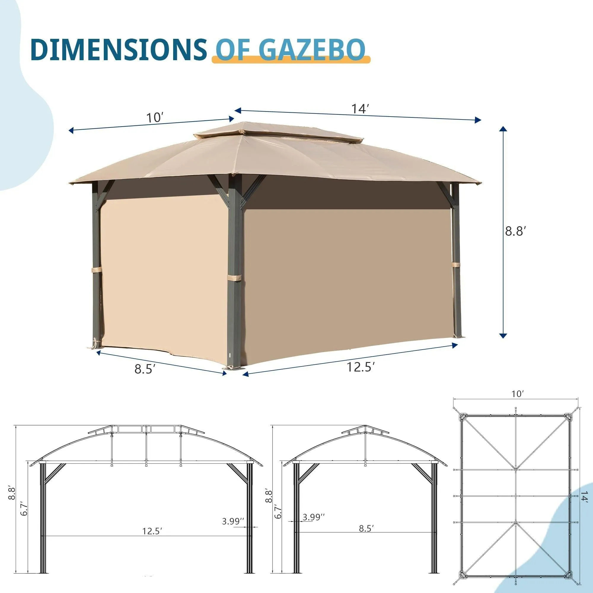 10x14FT, Outdoor Gazebo with Double Roofs, Privacy Curtains, Mosquito Nettings, Heavy Duty Metal Frame, Brown