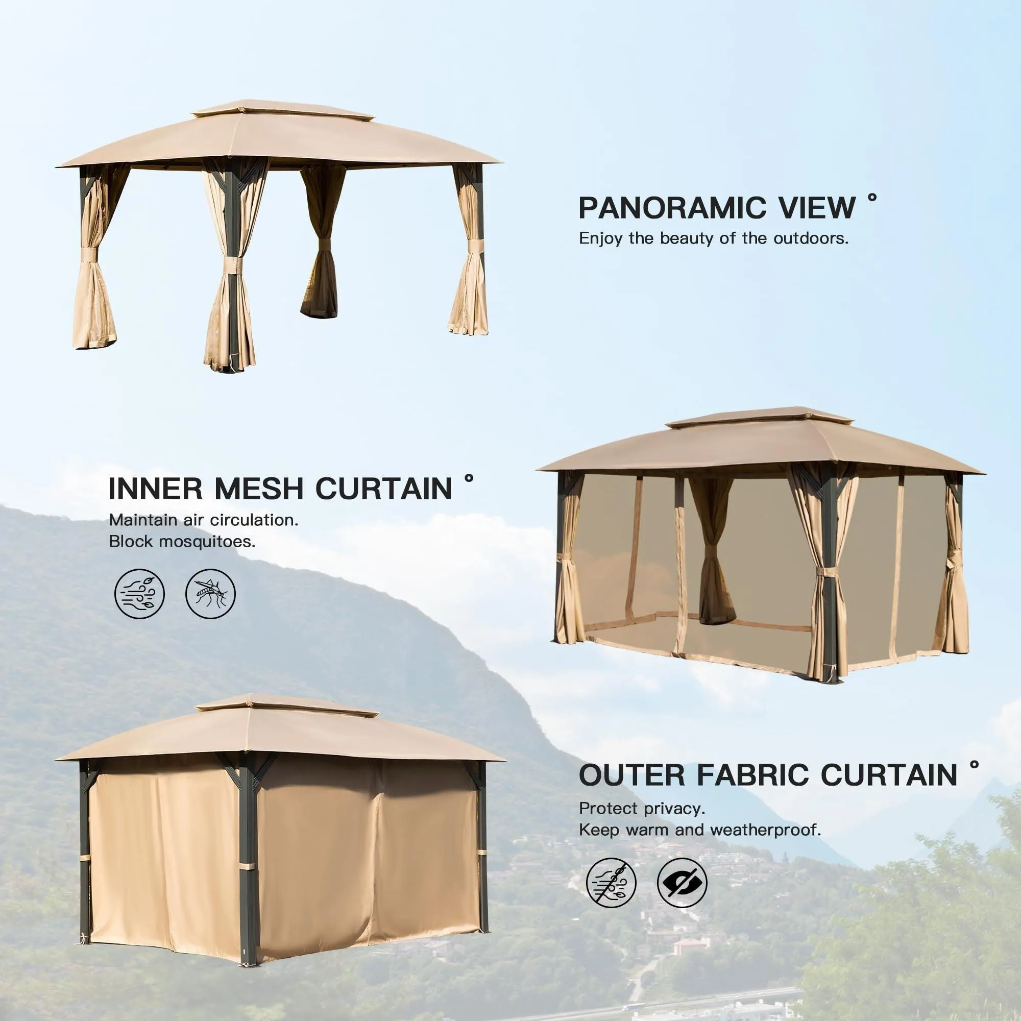 10x14FT, Outdoor Gazebo with Double Roofs, Privacy Curtains, Mosquito Nettings, Heavy Duty Metal Frame, Brown