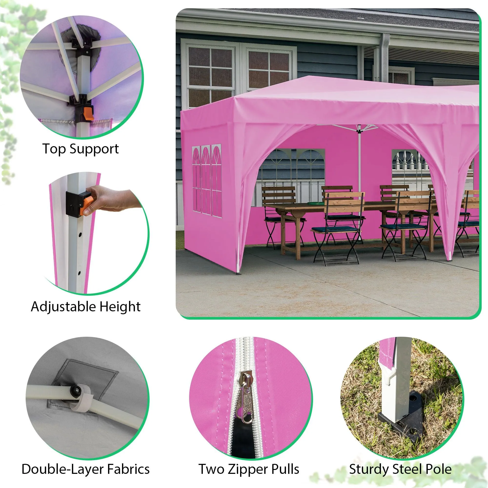 10'x20' Pop Up Canopy Tent with 6 Sidewalls, Waterproof Tent, Carry Bag, 6 Sand Bags, 6 Ropes and 12 Stakes, Pink