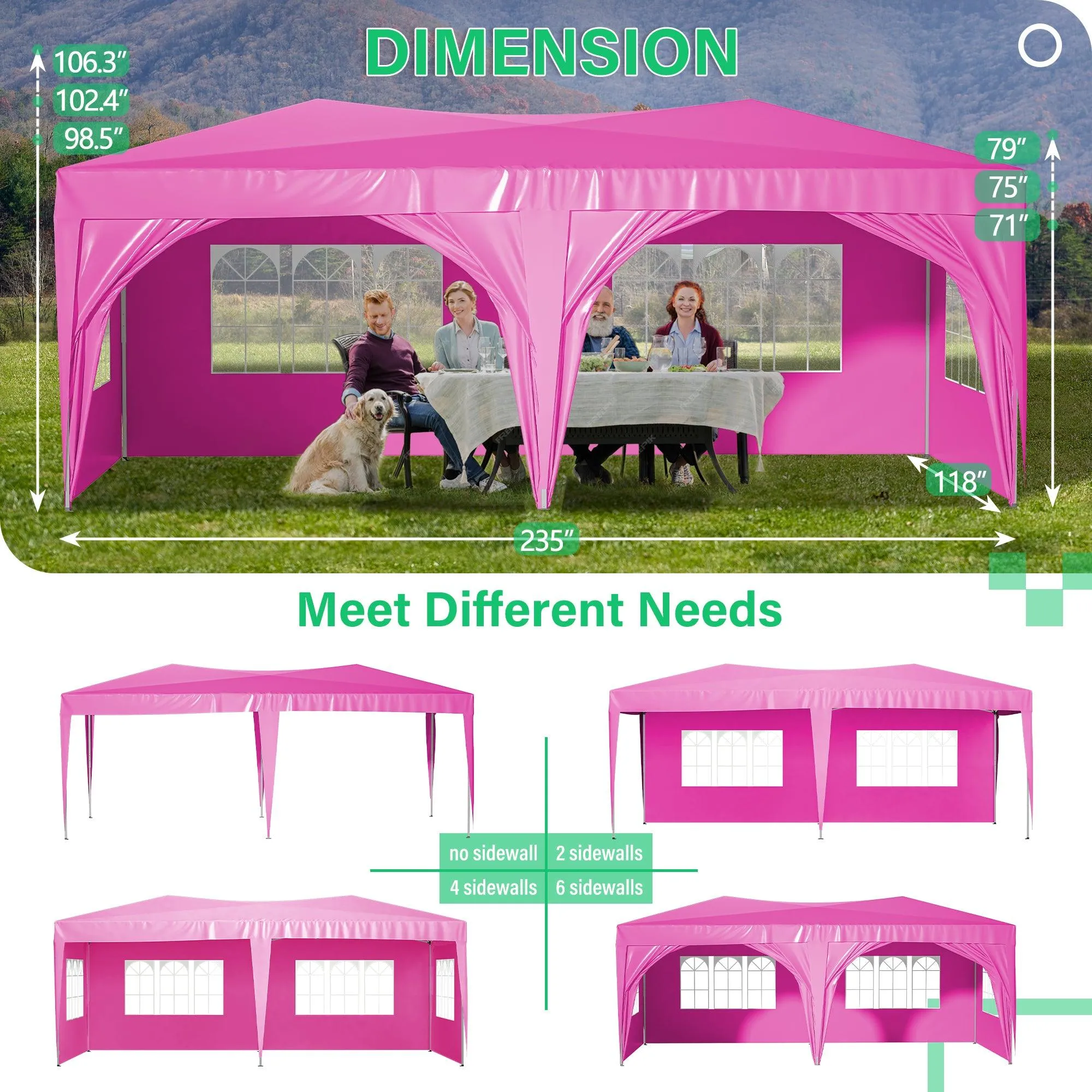 10'x20' Pop Up Canopy Tent with 6 Sidewalls, Waterproof Tent, Carry Bag, 6 Sand Bags, 6 Ropes and 12 Stakes, Pink