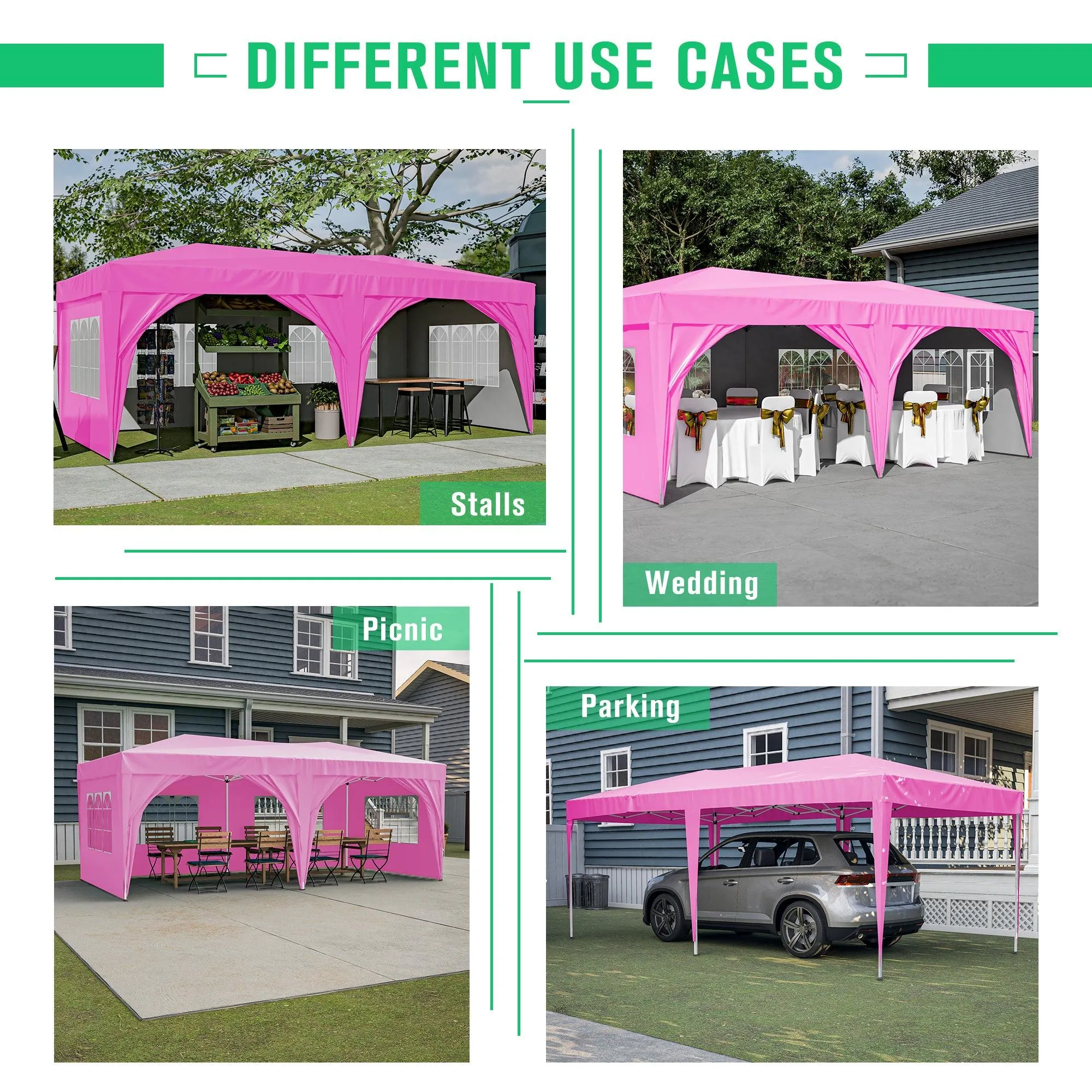 10'x20' Pop Up Canopy Tent with 6 Sidewalls, Waterproof Tent, Carry Bag, 6 Sand Bags, 6 Ropes and 12 Stakes, Pink