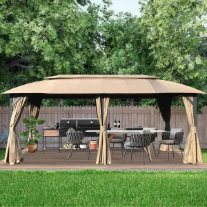 10x20FT, Outdoor Gazebo with Double Roofs, Privacy Curtains, Mosquito Nettings, Heavy Duty Metal Frame, Brown