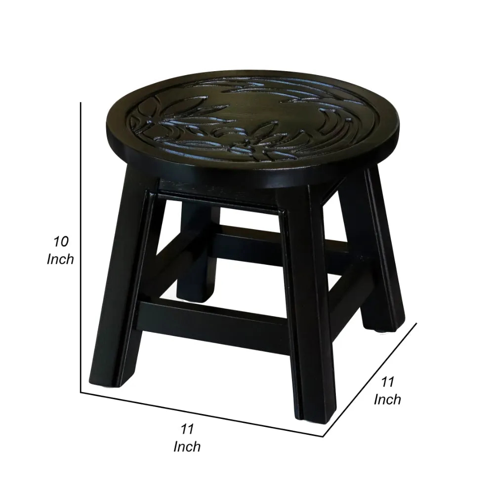 11 Inch Step Stool Footrest, Round Wood Carved Floral Print, Espresso Brown By Casagear Home