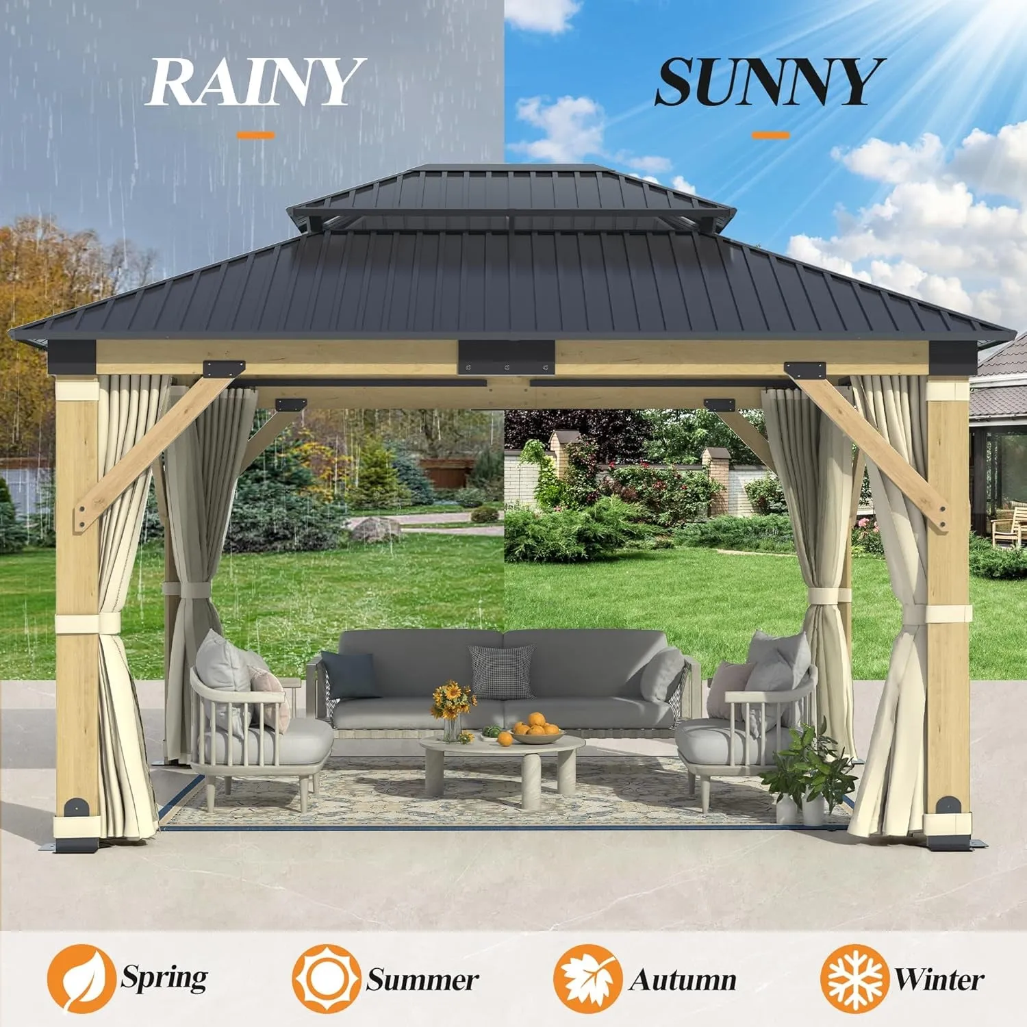 11’X13’ Patio Wooden Gazebo, Galvanized Steel Roof Gazebo & Privacy Curtains and Netting, Double Vented Roof Hardtop Gazebo for Garden, Porch, Lawn, Poolside, Backyard, Deck