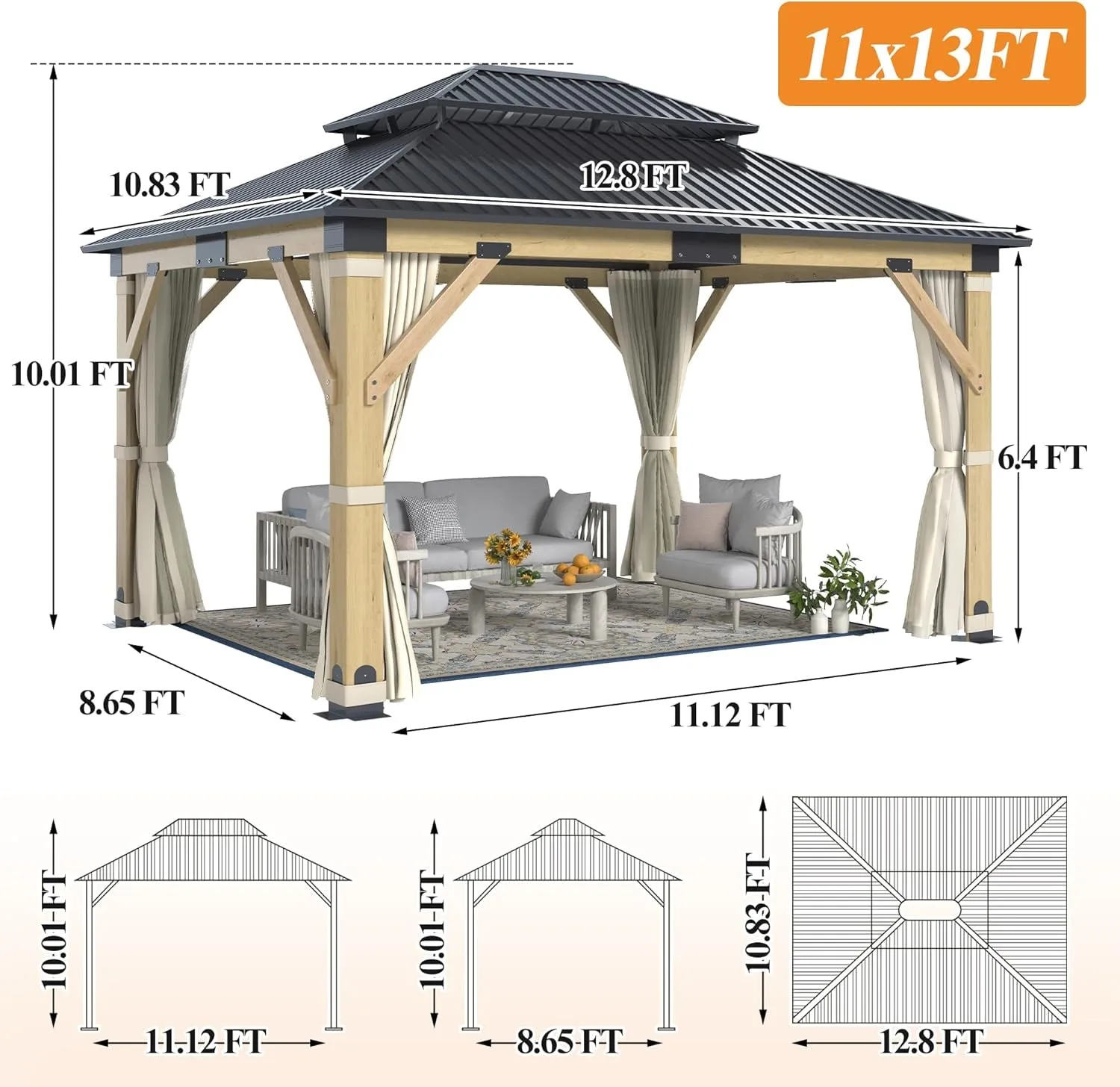 11’X13’ Patio Wooden Gazebo, Galvanized Steel Roof Gazebo & Privacy Curtains and Netting, Double Vented Roof Hardtop Gazebo for Garden, Porch, Lawn, Poolside, Backyard, Deck