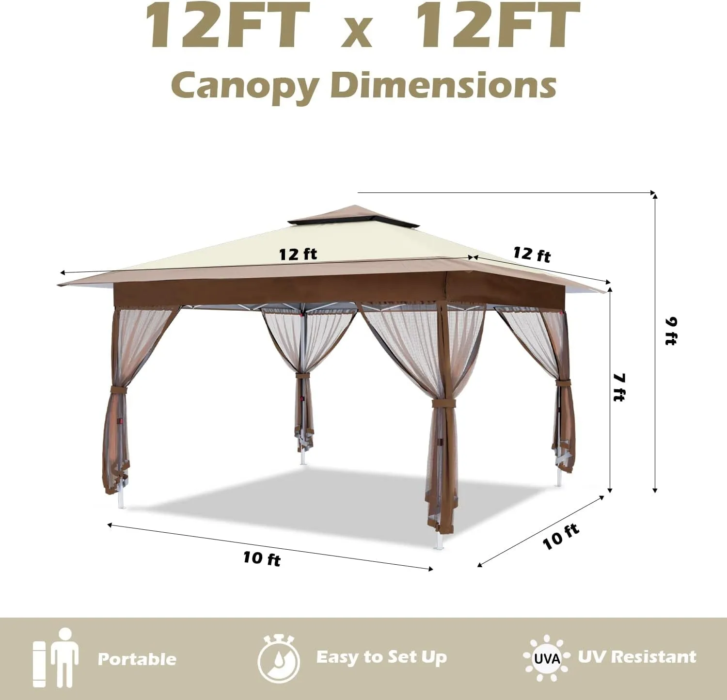 12'X12' Gazebo Outdoor Pop up Canopy Tent with Curtains and Shelter for Patio, Party & Backyard (Khaki)