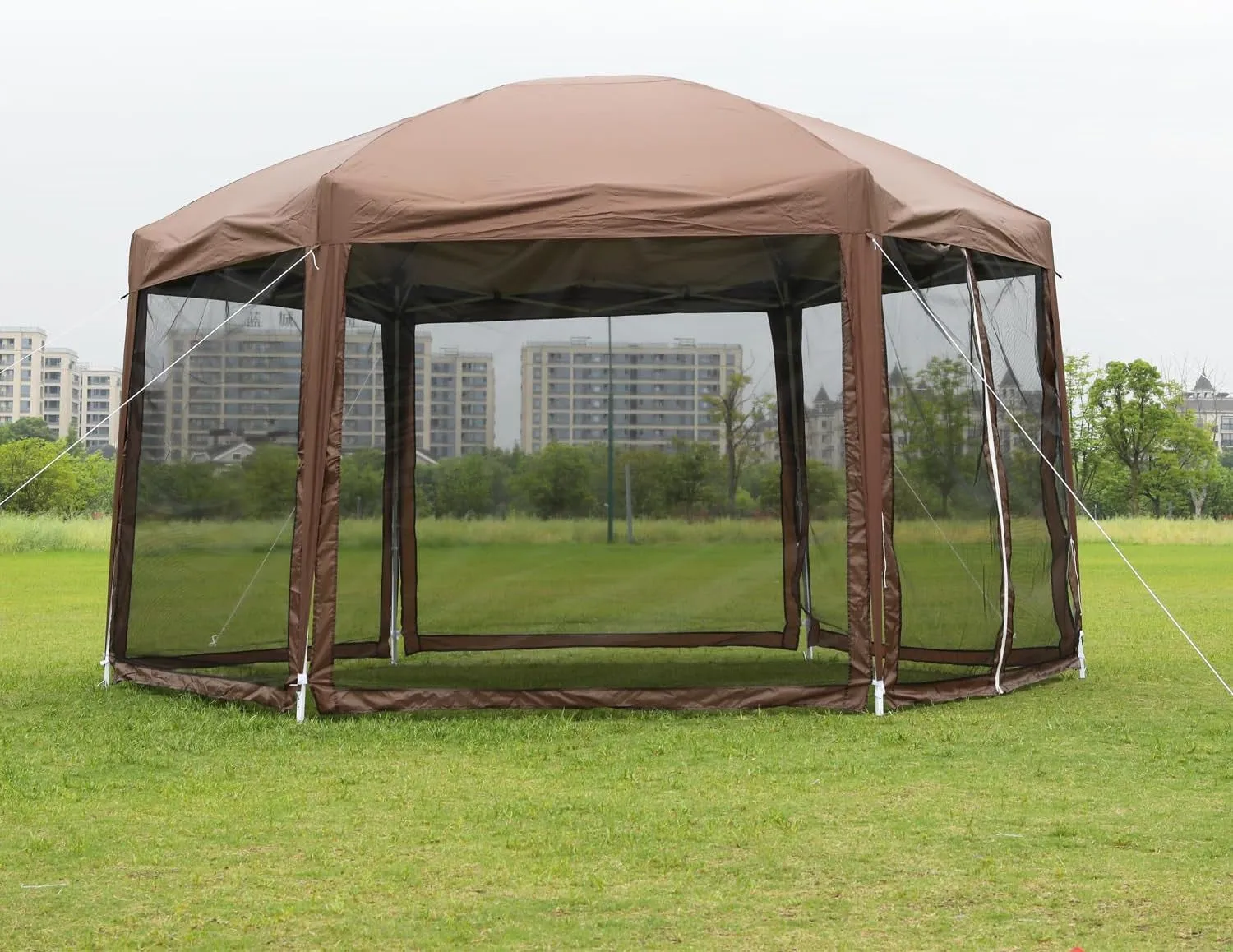 13’X13’ Gazebo Tent Hexagonal Outdoor Gazebo Waterproof Easy Setup Pop up Canopy Height Adjustable Camping Tent with Mosquito Netting Zippers for Patio Party Outdoor Backyard, Brown