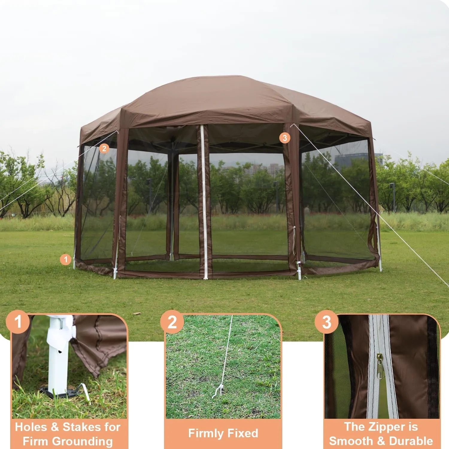 13’X13’ Gazebo Tent Hexagonal Outdoor Gazebo Waterproof Easy Setup Pop up Canopy Height Adjustable Camping Tent with Mosquito Netting Zippers for Patio Party Outdoor Backyard, Brown