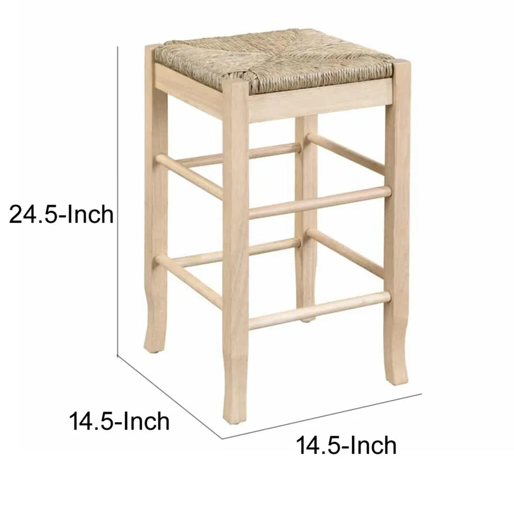 25 Inch Backless Counter Stool, Woven Rattan, Oak Brown Rubberwood Frame By Casagear Home