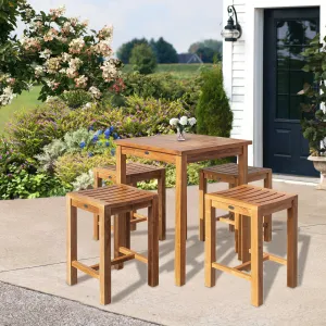 5 Piece Teak Wood Seville Small Counter Height Patio Bistro Set, 4 Counters Stools and 27" Square Table