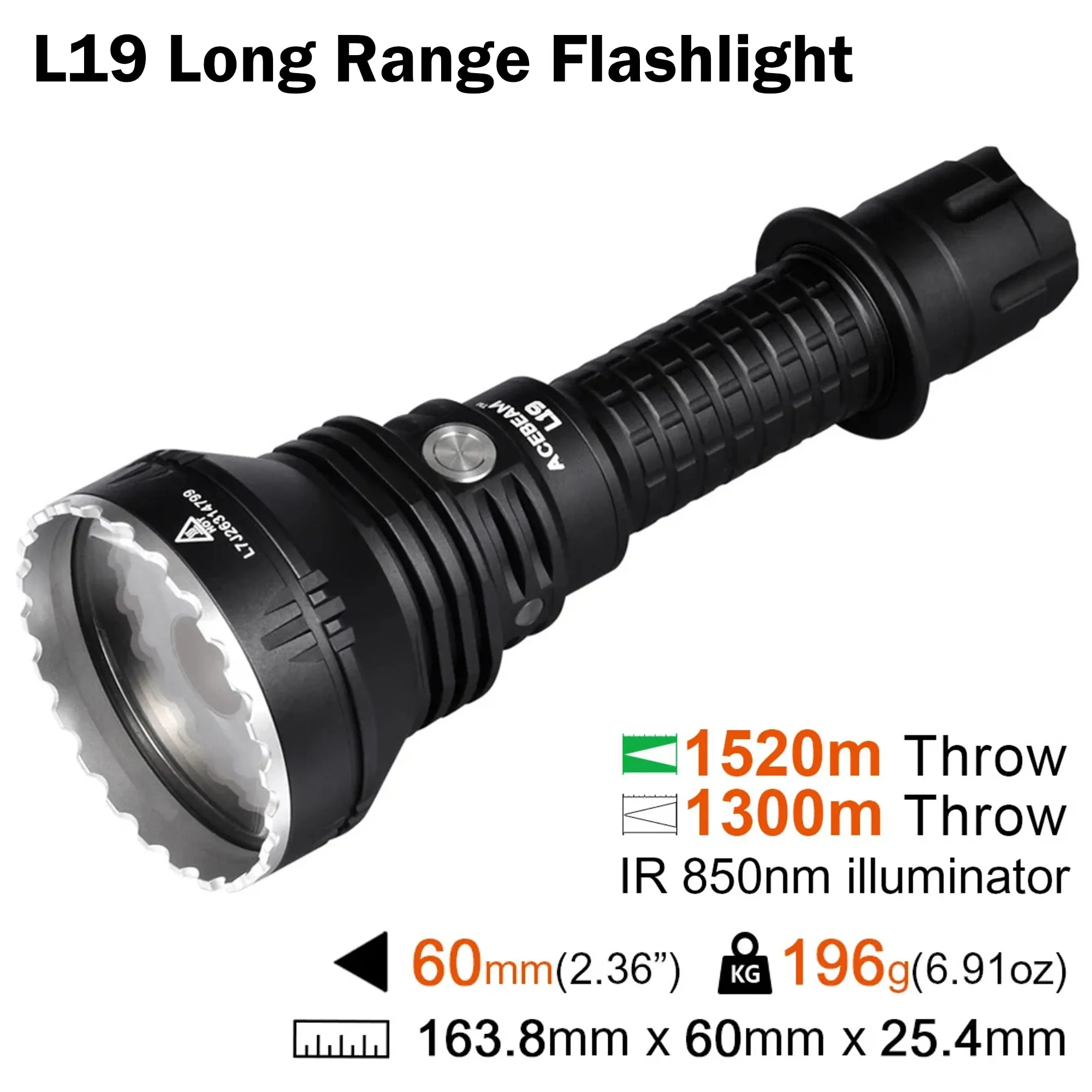 Acebeam L19 1650 Lumen LED Flashlight, Long Throw, White LED, with 21700 Battery and Charger