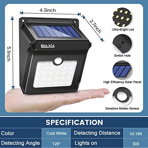 BAXIA TECHNOLOGY Solar Outdoor Lights Wireless Security Motion Sensor Outdoor Lights Solar Lights Outdoor Waterproof for Front Door,Backyard,Steps,Garage,Garden (400LM,4 Packs)