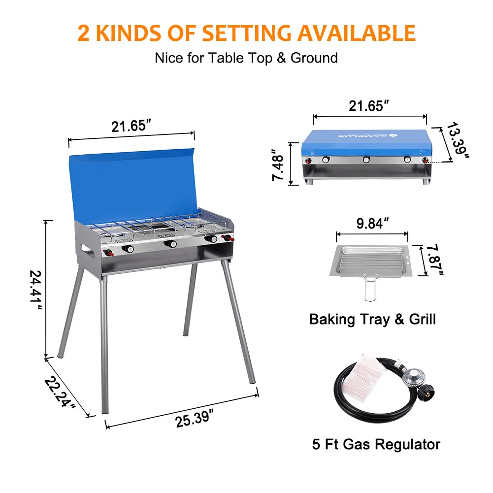 Camplux Outdoor Propane Camping Stove w/ 2 Burner & 1 Grill - 15,000 BTU