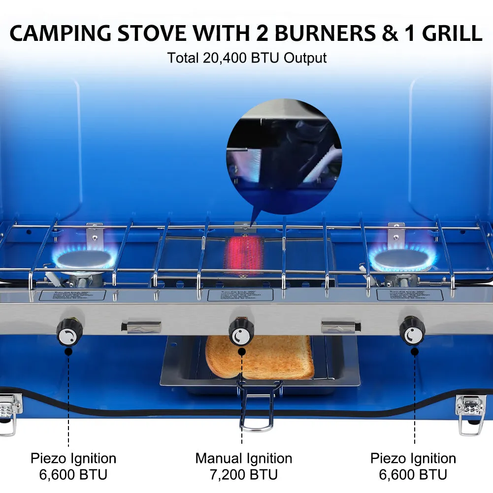 Camplux Propane Camping Stove w/ 1 Grill & 2 Burners - 20,400 BTU