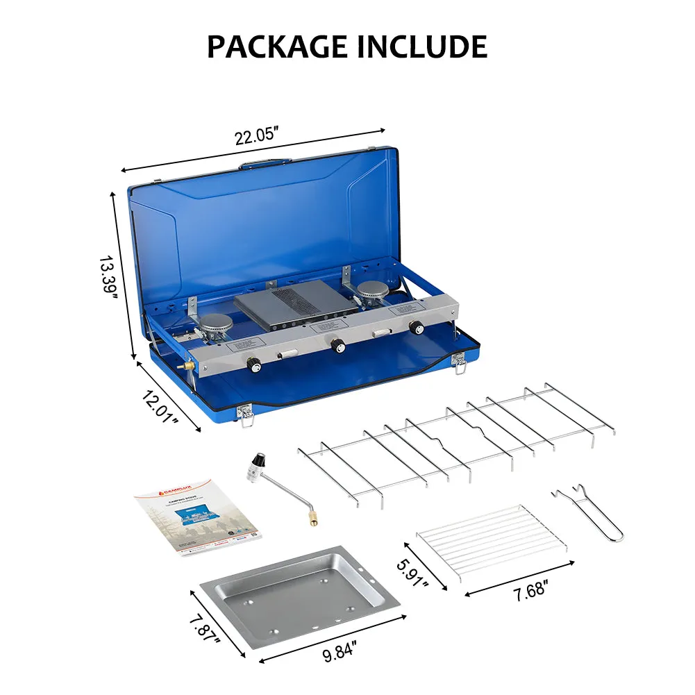 Camplux Propane Camping Stove w/ 1 Grill & 2 Burners - 20,400 BTU