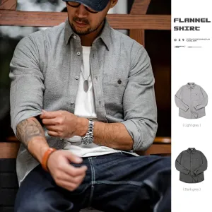 Casual 100% Cotton Shirts for Men - Long Sleeve Solid Color Flannel Blouse