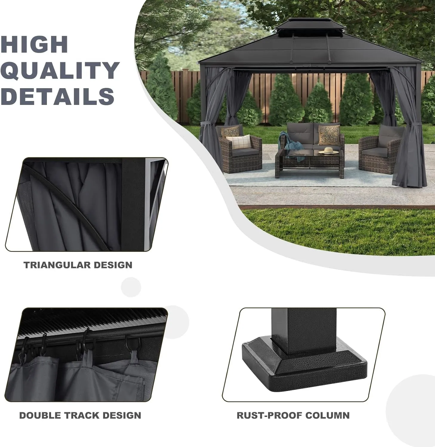 Double Roof Outdoor Hardtop Gazebo 10X12 - Patio Polycarbonate Hard Top Gazebos with Curtain and Netting (Dark Gray)