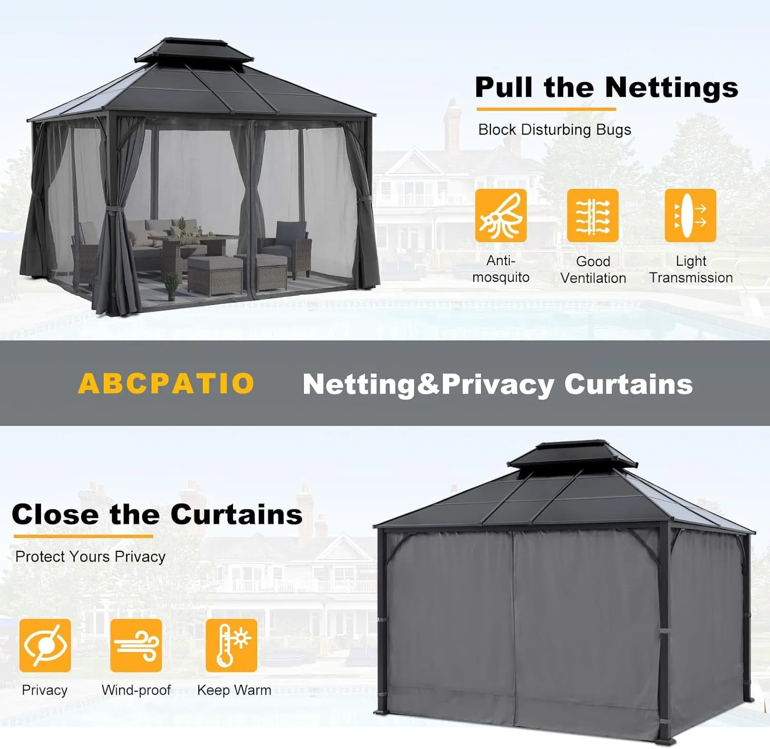 Double Roof Outdoor Hardtop Gazebo 10X12 - Patio Polycarbonate Hard Top Gazebos with Curtain and Netting (Dark Gray)