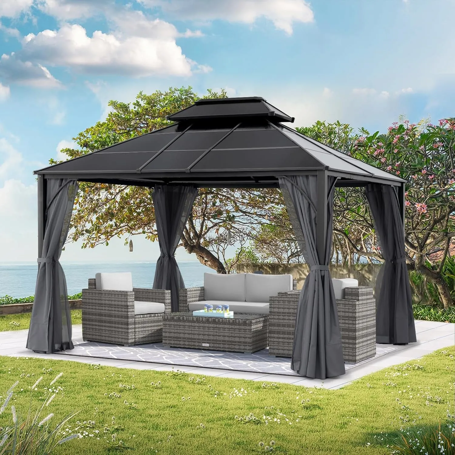 Double Roof Outdoor Hardtop Gazebo 10X12 - Patio Polycarbonate Hard Top Gazebos with Curtain and Netting (Dark Gray)