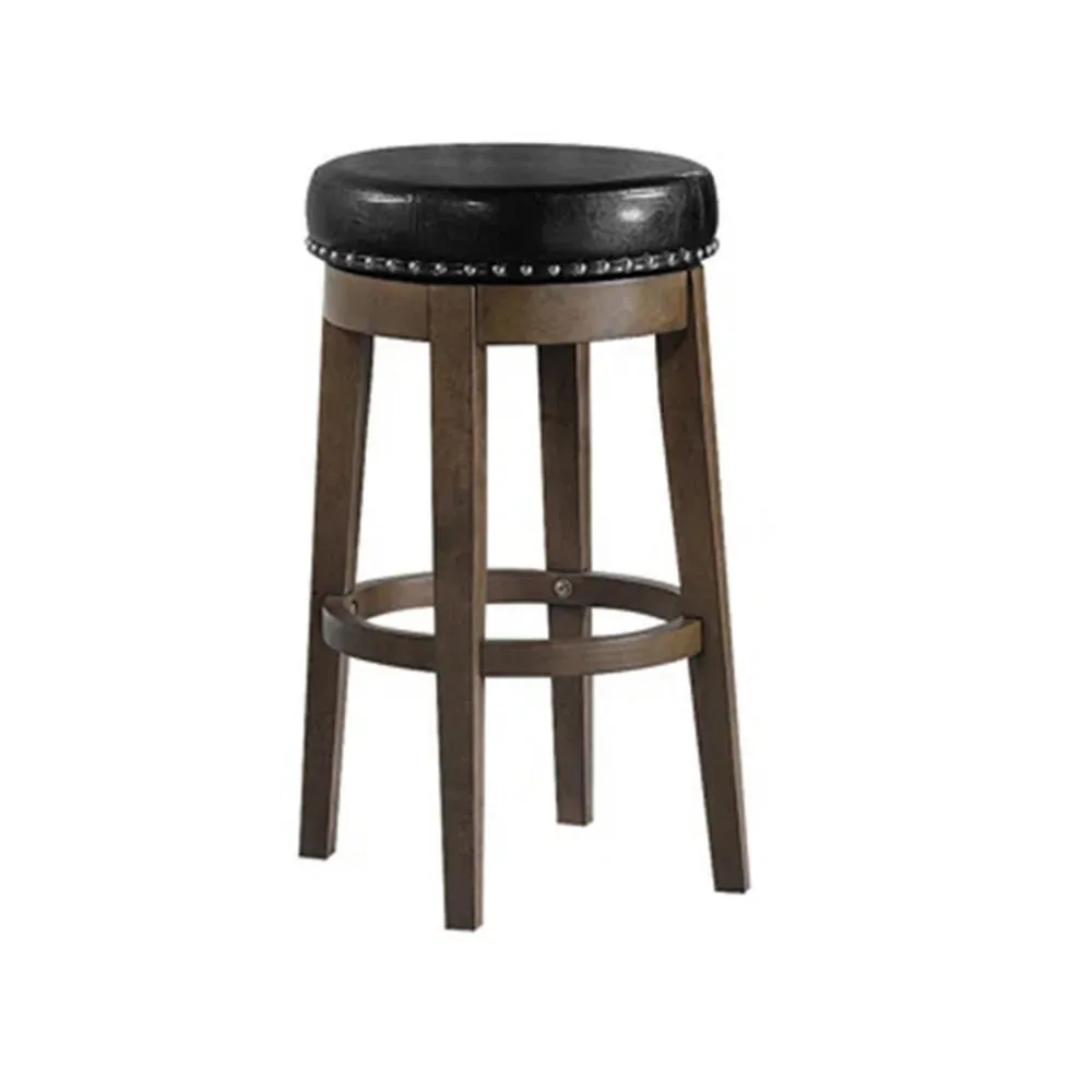 Drue 29 Inch Set of 2 Swivel Barstools, Nailhead Trim, Black Faux Leather
 By Casagear Home