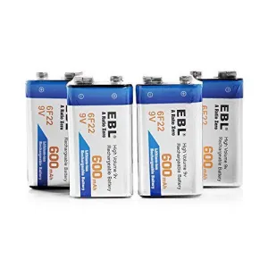 EBL 4 Pack 9V 6F22 600mAh High Volume Lithium-ion Rechargeable 9 Volt Li-ion Batteries