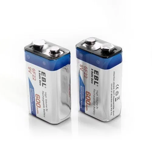 EBL 4 Pack 9V 6F22 600mAh High Volume Lithium-ion Rechargeable 9 Volt Li-ion Batteries