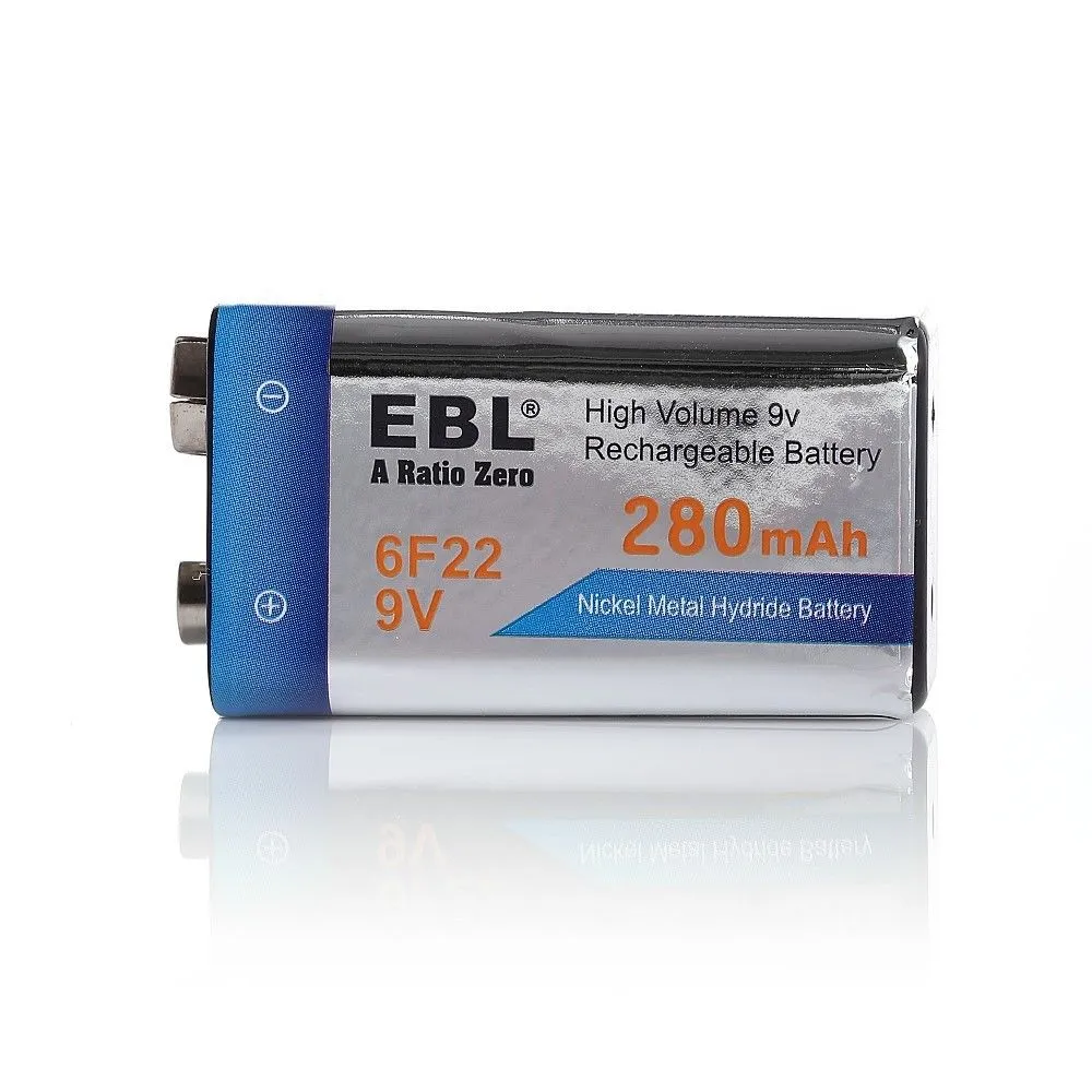 EBL LN-8171 9V 6F23 280mAh Ni-MH Nickel Metal Hydride Rechargeable Batteries with Up to 800 Recharges, and Improved Low Self-Discharge for Portable and Emergency Electronics