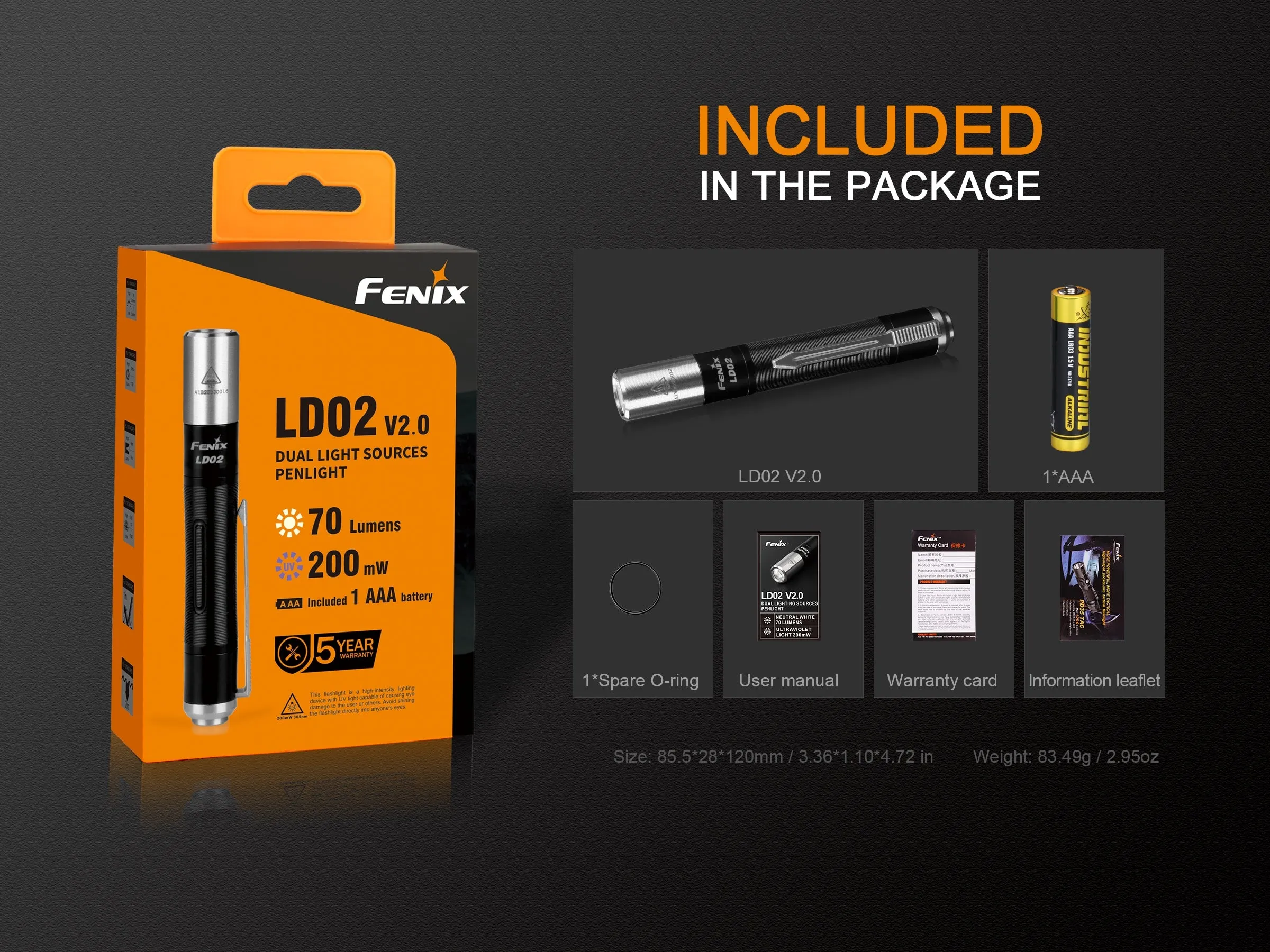 Fenix LD02 V2.0 Dual Lighting Sources Penlight in Warm White LED and UV Light Pen Light