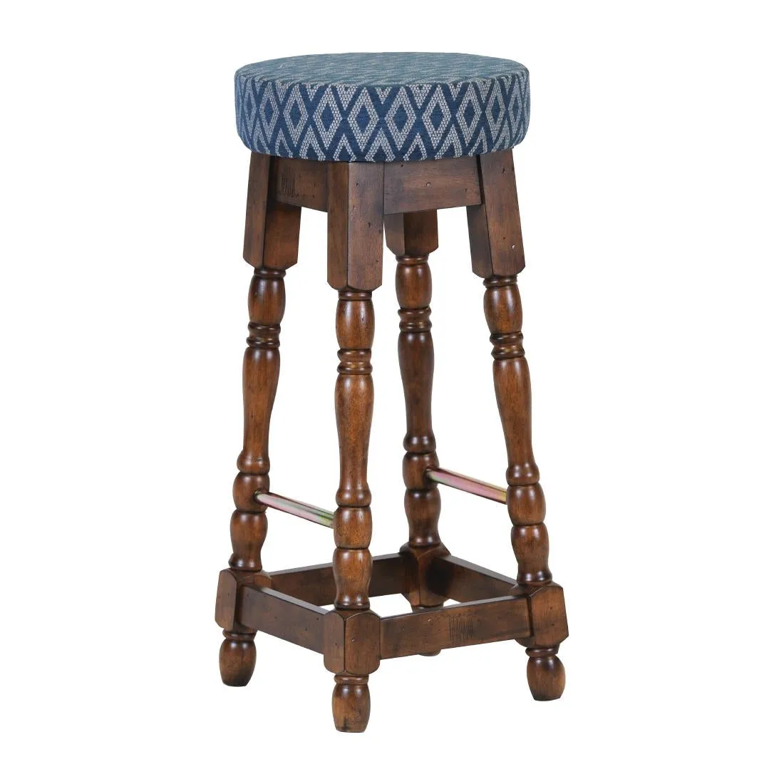 FT402 Classic Rubber Wood High Bar Stool with Blue Diamond Seat (Pack of 2)