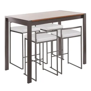 Fuji 5-Piece Industrial Counter Height Dining Set in Antique Metal, Walnut Wood and White Faux Leather by LumiSource