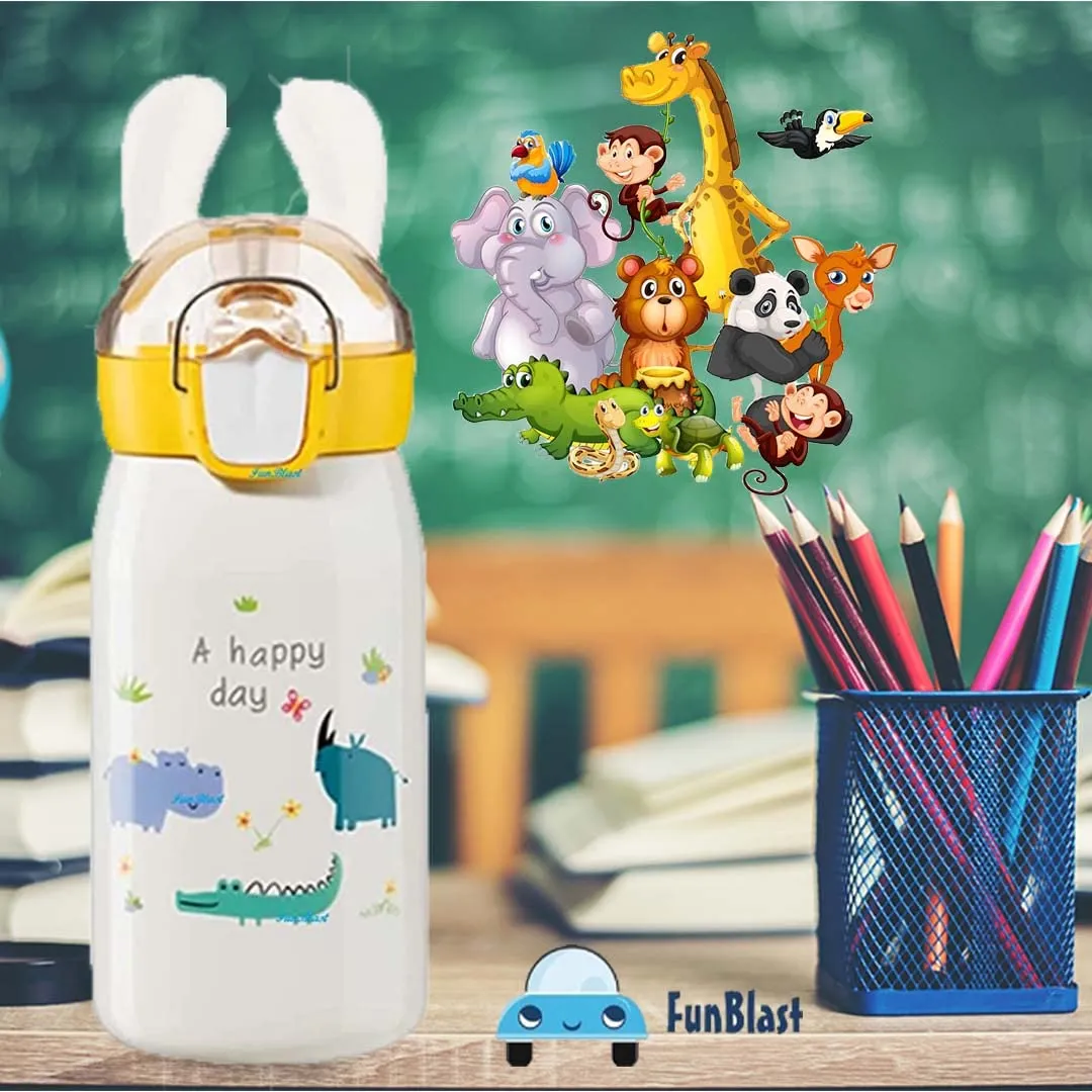 FunBlast Cartoon Design Hot and Cold Water Bottle for Kids - Double Walled Vacuum Insulated Stainless Steel Bottle, Insulated Stainless Steel Bottle, Thermos Flask with Straw (400 Ml)