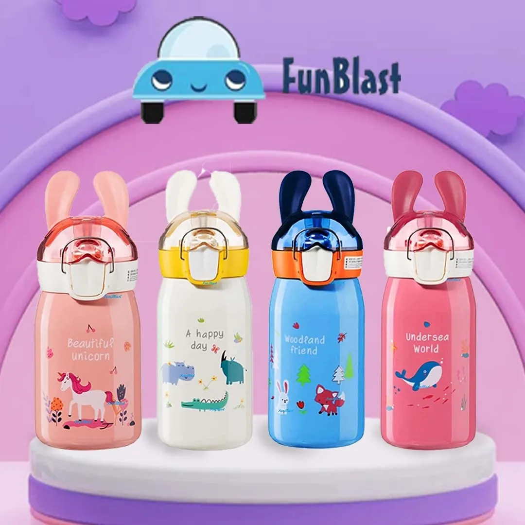 FunBlast Cartoon Design Hot and Cold Water Bottle for Kids - Double Walled Vacuum Insulated Stainless Steel Bottle, Insulated Stainless Steel Bottle, Thermos Flask with Straw (400 Ml)