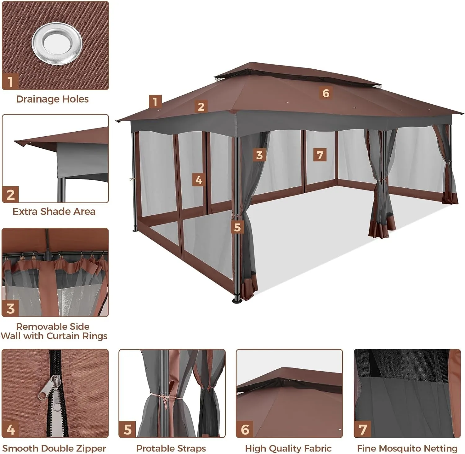 Gazebo 12X20 Heavy Duty Gazebo with Curtain and Netting Outdoor Gazebo Double Roof Patio Gazebo with Metal Steel Frame Gazebo Tent for Patio, Deck, Backyard (Brown, Flat Top, Nettings)