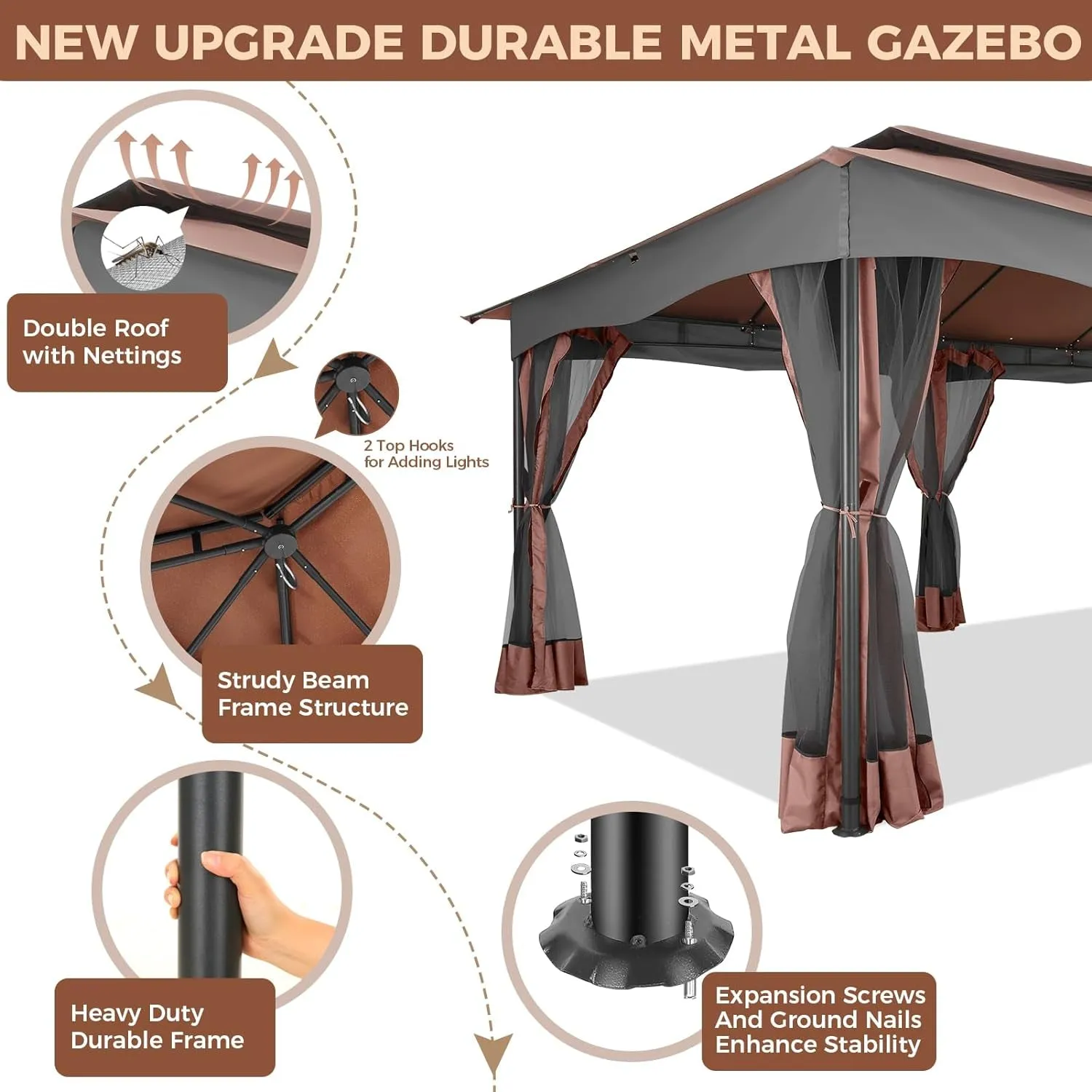 Gazebo 12X20 Heavy Duty Gazebo with Curtain and Netting Outdoor Gazebo Double Roof Patio Gazebo with Metal Steel Frame Gazebo Tent for Patio, Deck, Backyard (Brown, Flat Top, Nettings)