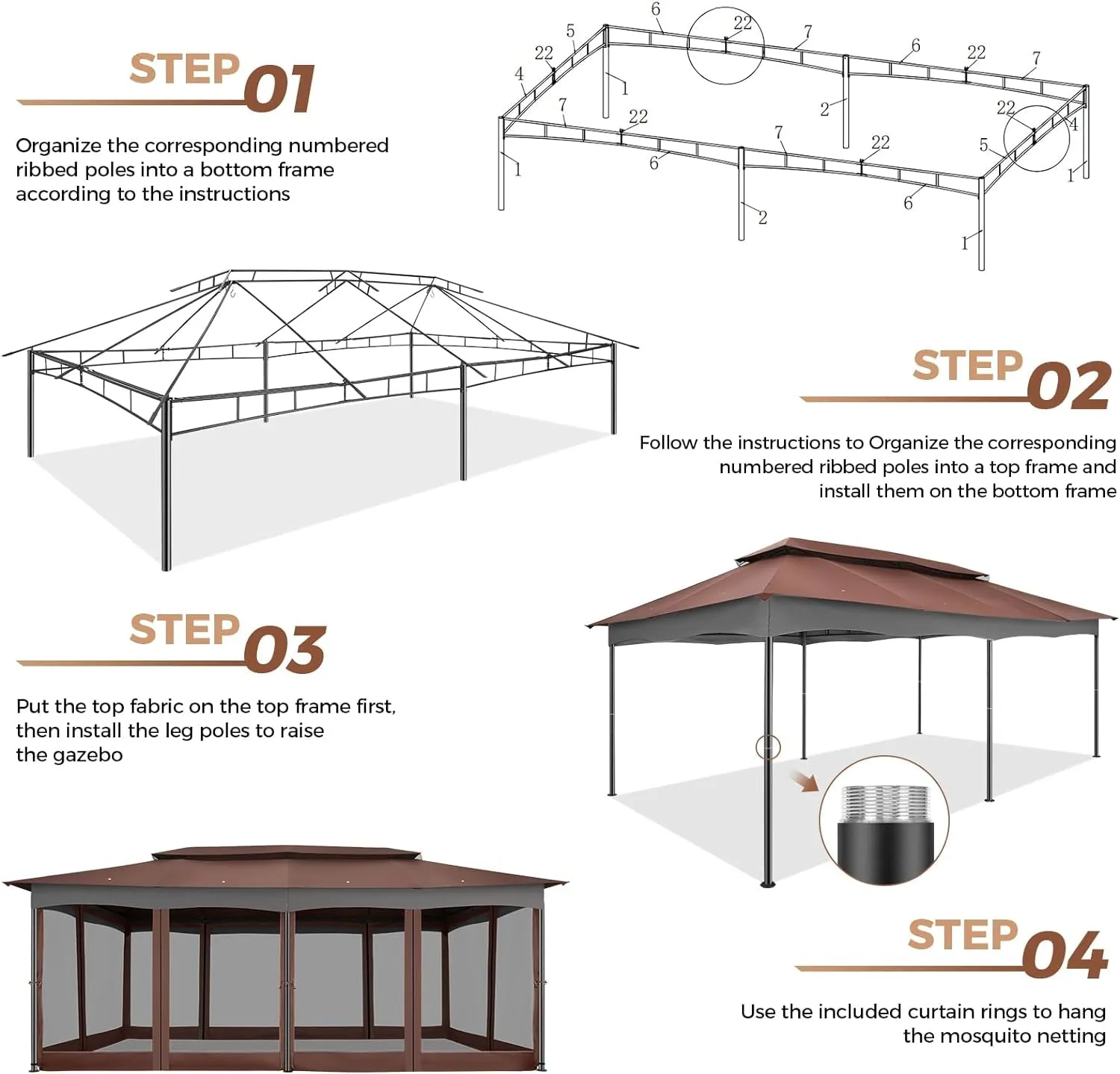 Gazebo 12X20 Heavy Duty Gazebo with Curtain and Netting Outdoor Gazebo Double Roof Patio Gazebo with Metal Steel Frame Gazebo Tent for Patio, Deck, Backyard (Brown, Flat Top, Nettings)