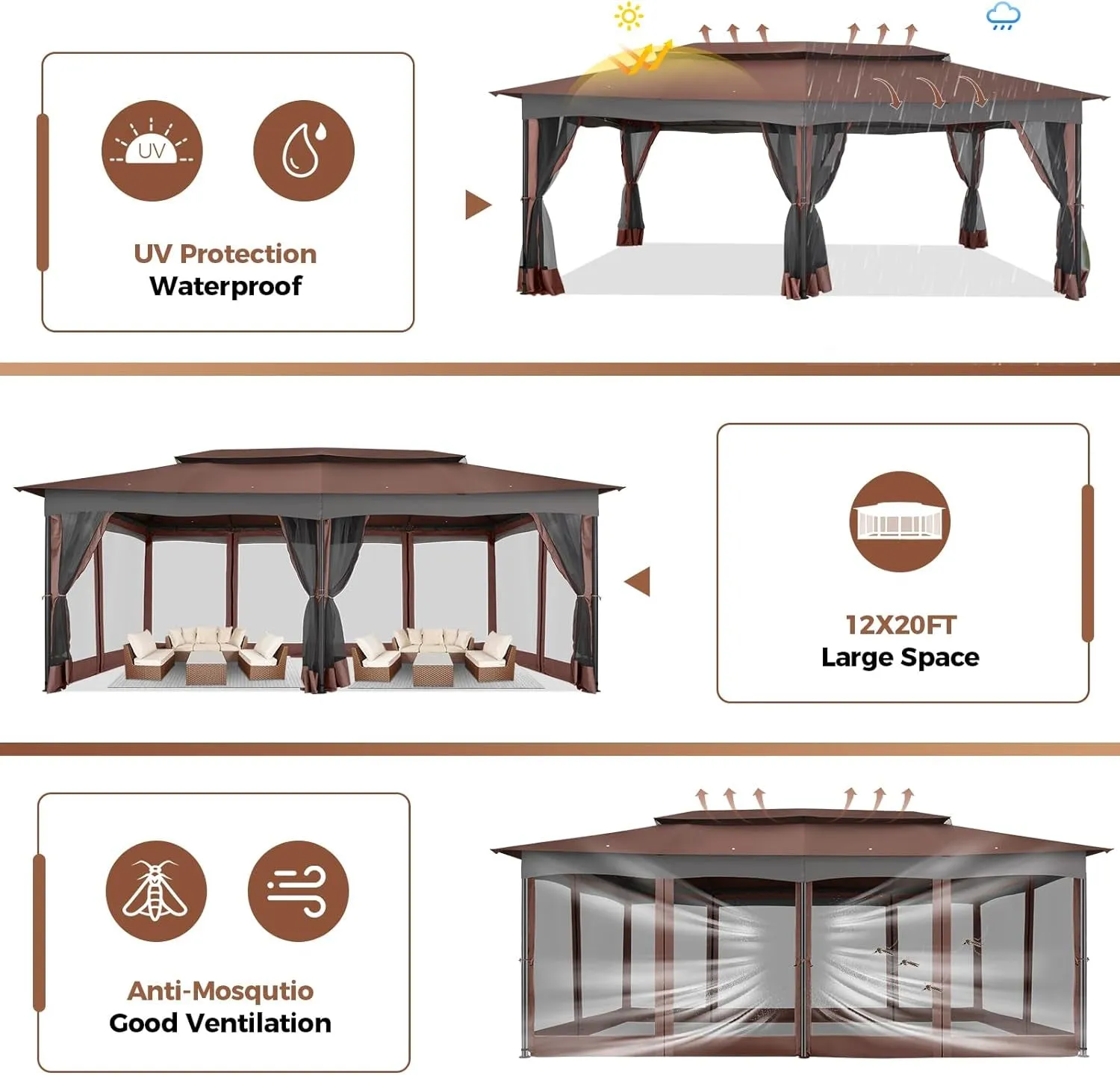 Gazebo 12X20 Heavy Duty Gazebo with Curtain and Netting Outdoor Gazebo Double Roof Patio Gazebo with Metal Steel Frame Gazebo Tent for Patio, Deck, Backyard (Brown, Flat Top, Nettings)